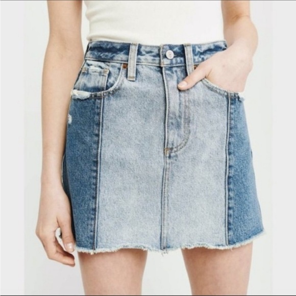 Abercrombie & Fitch Natural Rise Paneled Two Tone Raw Hem Denim Mini Skirt - Picture 1 of 10